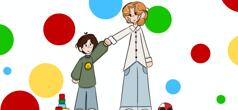 Comic: Ein Kind steht mit einer erwachsenen Frau im Zentrum des Bildes. Die beiden halten sich an der Hand. Links neben dem Kind steht ein kleiner Turm aus Bausteinen und rechts neben der Frau ein kleines rotes Spielzeugauto.