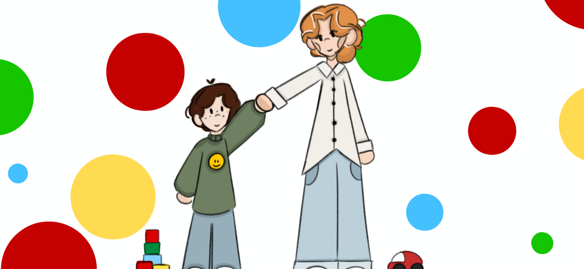 Therapie Comic: Ein Kind steht mit einer erwachsenen Frau im Zentrum des Bildes. Die beiden halten sich an der Hand. Links neben dem Kind steht ein kleiner Turm aus Bausteinen und rechts neben der Frau ein kleines rotes Spielzeugauto.