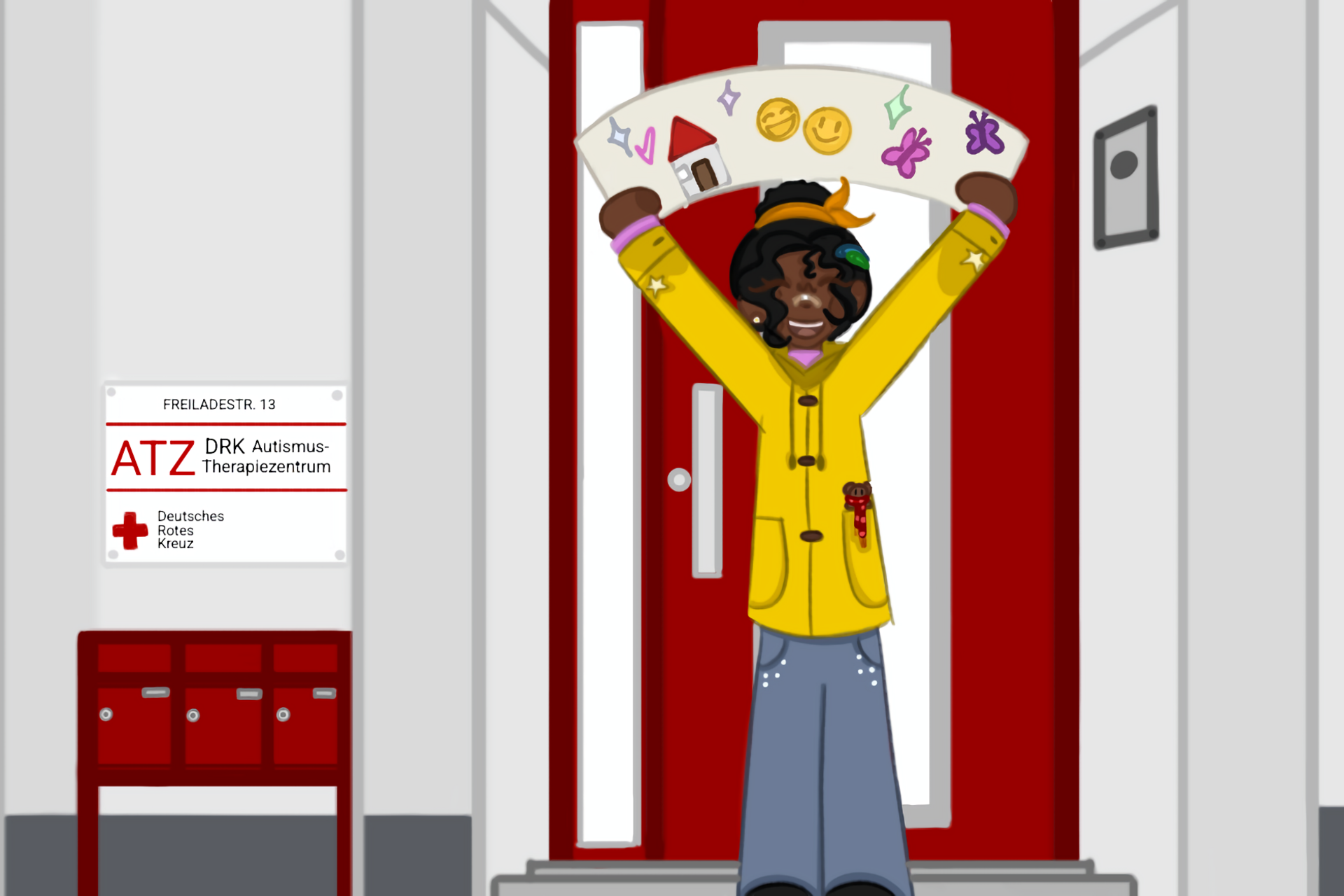 Comic im Mangastil: ein dunkelhäutiges Mädchen im gelben Parka steht vor dem Eingang des ATZ und streckt die Arme in die Höhe. Zwischen ihren Händen sieht man einen Banner mit verschiedenen Symbole wie ein Haus, Smileys und Schmetterlinge