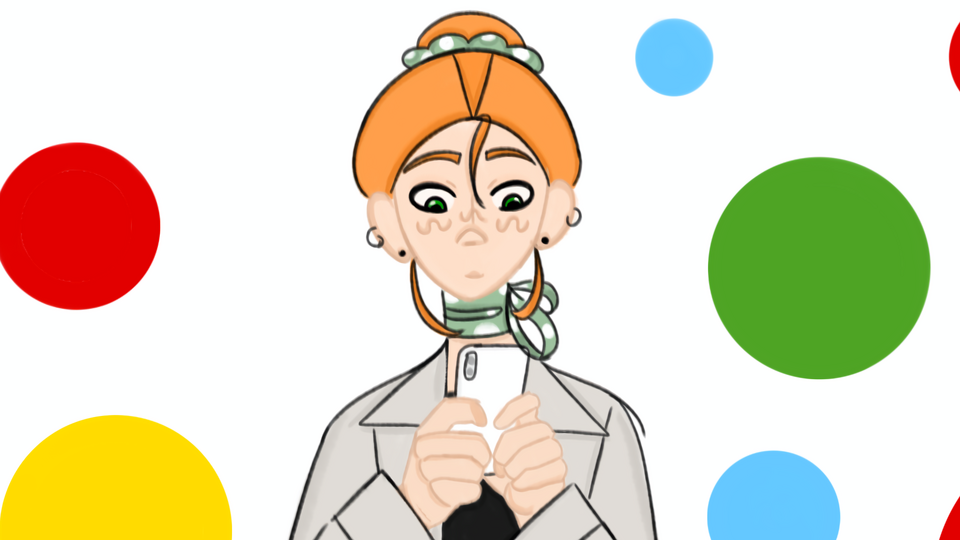Comic: Eine junge Frau ist zentral im Bild gezeichnet, die Haare zu einem Knoten zusammengefasst. Sie hält mit beiden Händen ein Handy fest und schaut konzentriert auf das Display.